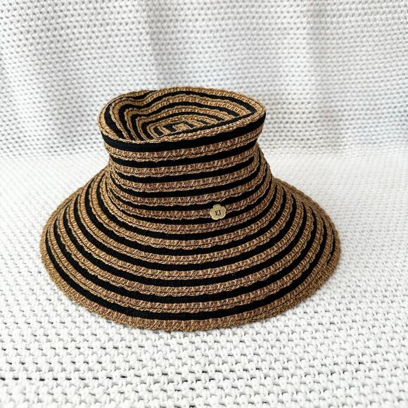 Eric Javits Beige Tan Black Stripe Squishee Packable Straw Bucket Hat UPF 50 OS - Picture 3 of 7